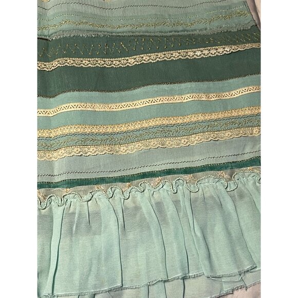 Odille Green & Cream Lace Ribbon Stripe Ruffle Skirt Anthropologie Gold Viscose - Picture 7 of 15